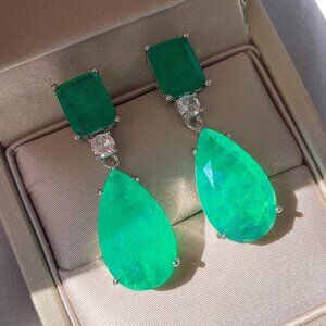 925 Sterling Silver Emerald Fashion Big Drop Earrings